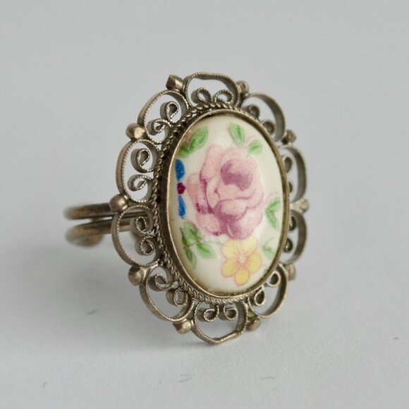 Vintage Italy Marked Floral Ceramic Ring Adjustable - Picture 1 of 5